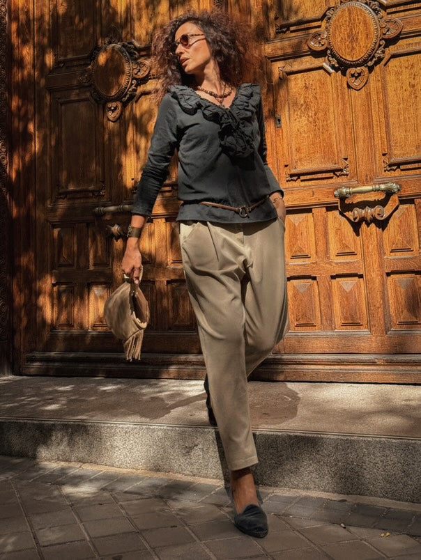 Pantalón baggy elástico beige