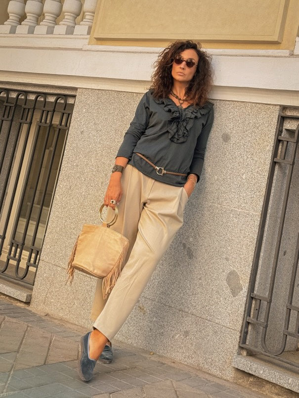 Pantalón baggy elástico beige