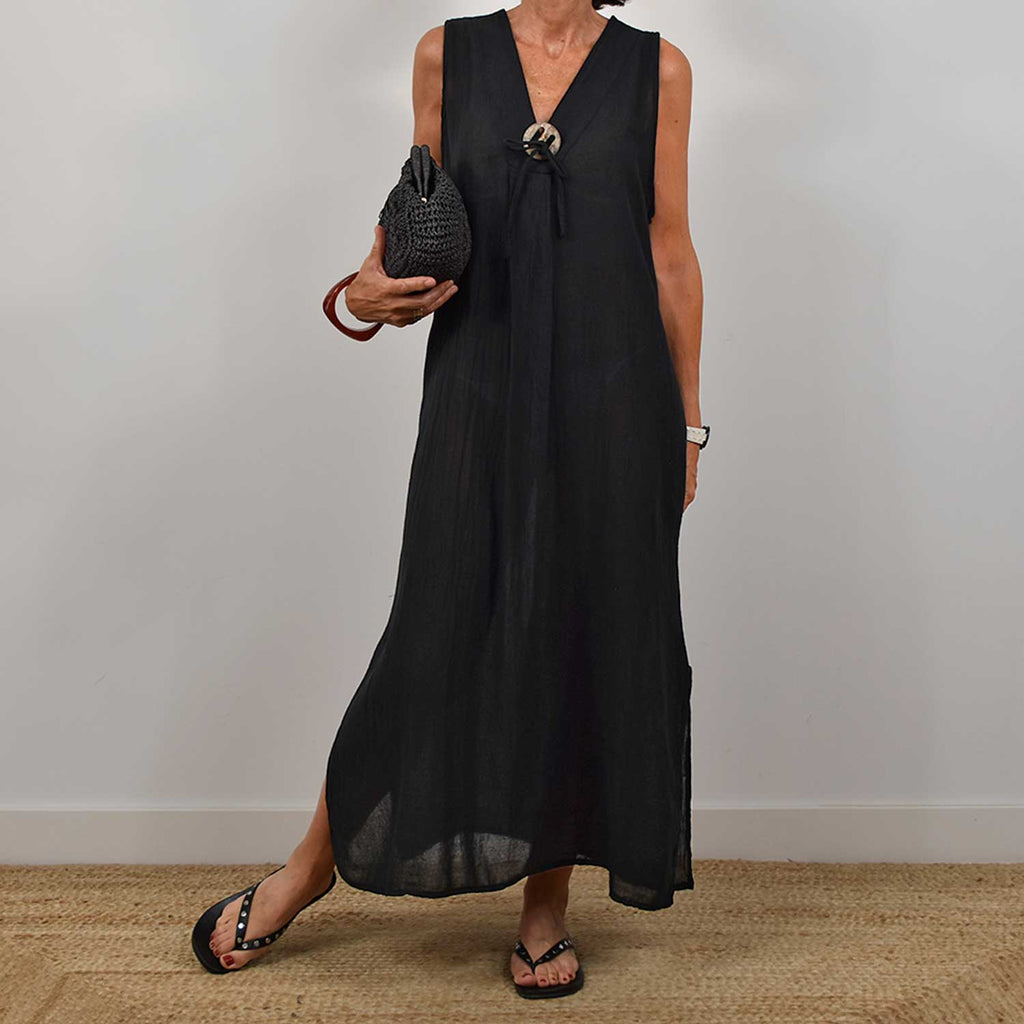 Vestido detalle madera negro