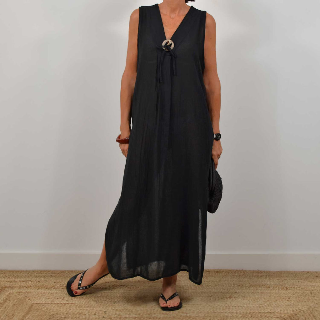 Vestido detalle madera negro