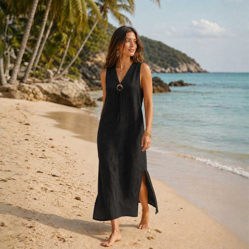 Vestido detalle madera negro