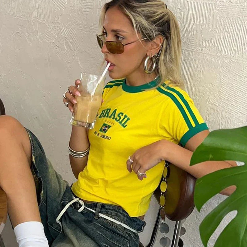 Camiseta Top Deportiva Retro Mujer Estampado Brasil