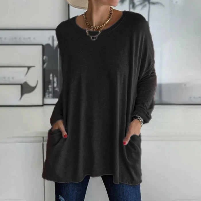 Camiseta de Manga Larga Mujer Bolsillos Cuello Redondo