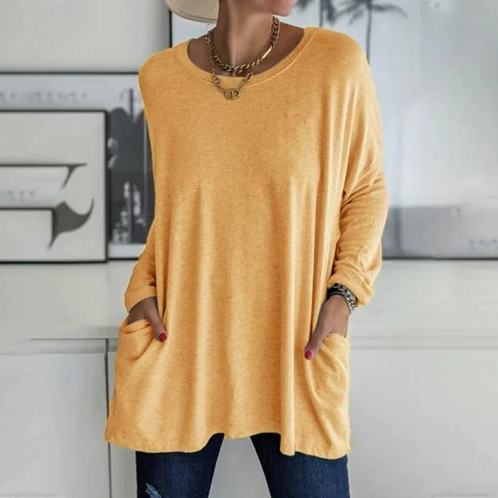Camiseta de Manga Larga Mujer Bolsillos Cuello Redondo