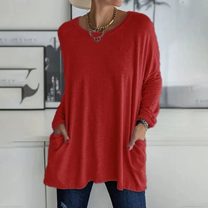 Camiseta de Manga Larga Mujer Bolsillos Cuello Redondo