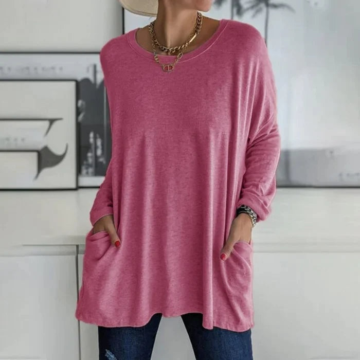 Camiseta de Manga Larga Mujer Bolsillos Cuello Redondo