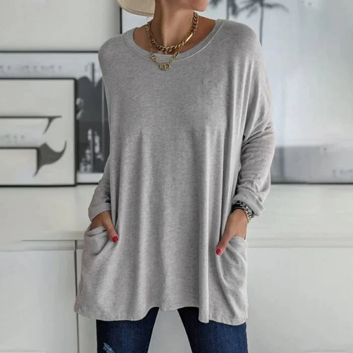 Camiseta de Manga Larga Mujer Bolsillos Cuello Redondo