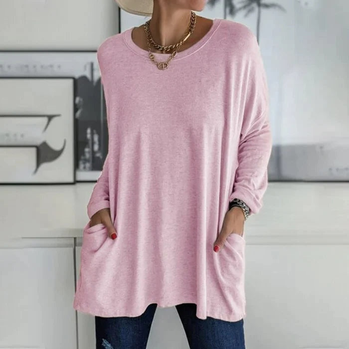 Camiseta de Manga Larga Mujer Bolsillos Cuello Redondo