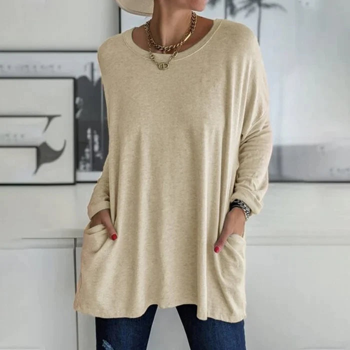 Camiseta de Manga Larga Mujer Bolsillos Cuello Redondo