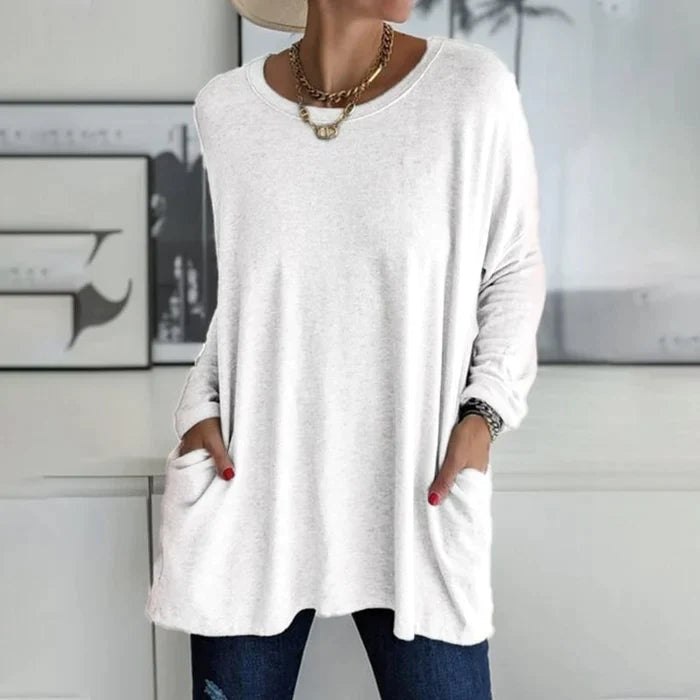 Camiseta de Manga Larga Mujer Bolsillos Cuello Redondo