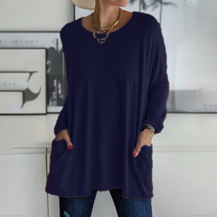 Camiseta de Manga Larga Mujer Bolsillos Cuello Redondo