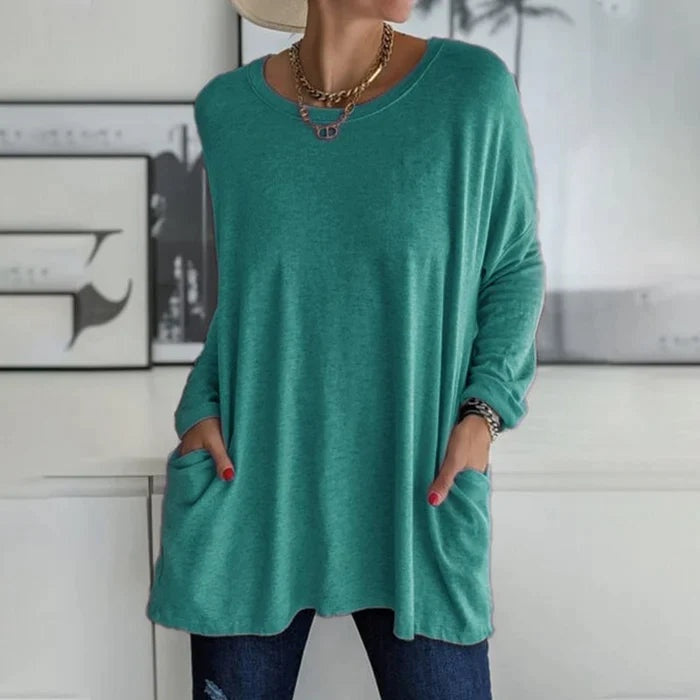 Camiseta de Manga Larga Mujer Bolsillos Cuello Redondo