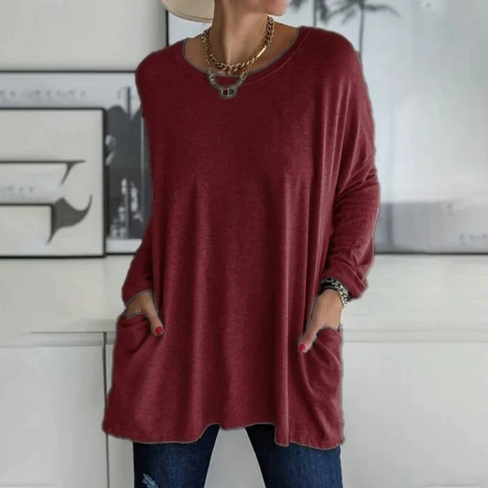 Camiseta de Manga Larga Mujer Bolsillos Cuello Redondo