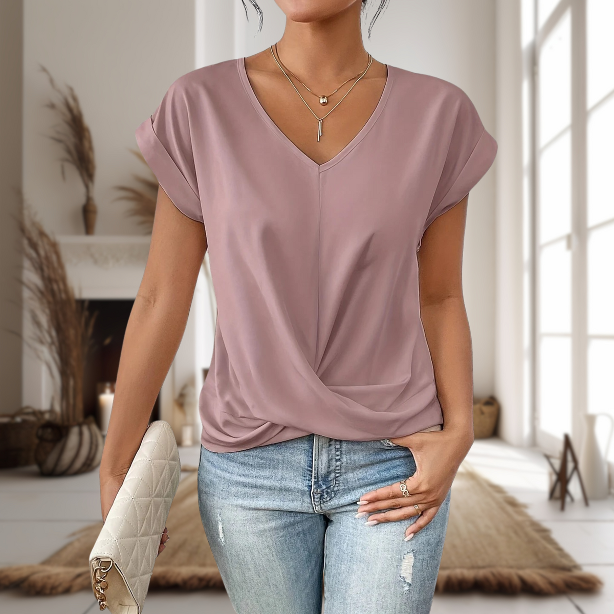 Blusa de Manga Corta Mujer Cuello en V