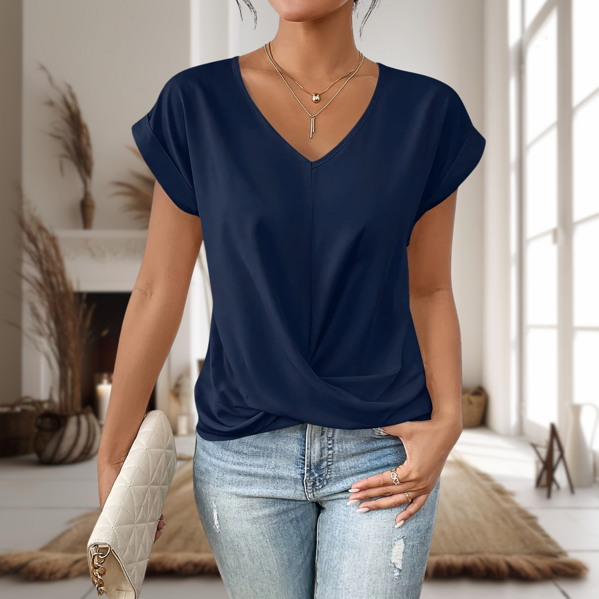 Blusa de Manga Corta Mujer Cuello en V