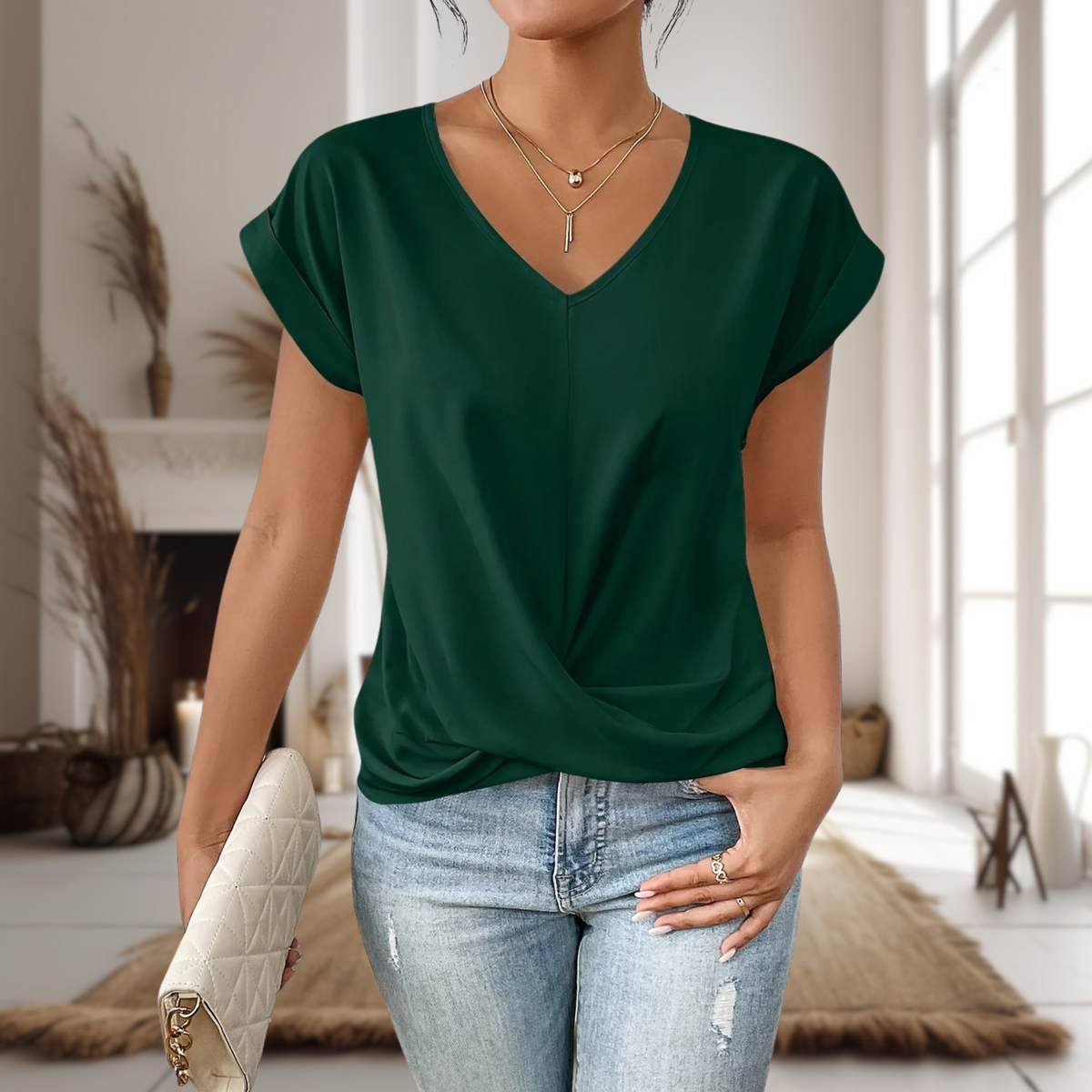Blusa de Manga Corta Mujer Cuello en V